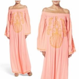 Lilly Pulitzer Nita Maxi Dress Off The Shoulder Guava Melon Beaded XXS